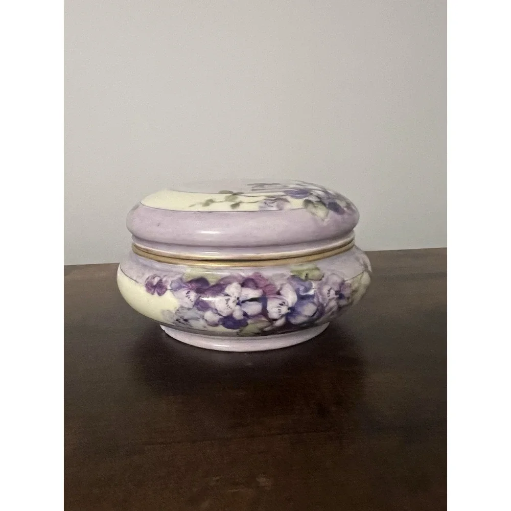 Vintage Hand Painted Porcelain Powder Jar Violet Flowers Gold Trim Vanity Box